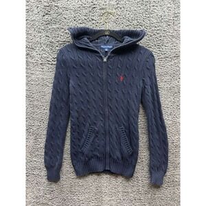 Ralph Lauren Cable Cotton Hooded Full-Zip Sweater Navy Blue Womens Size S